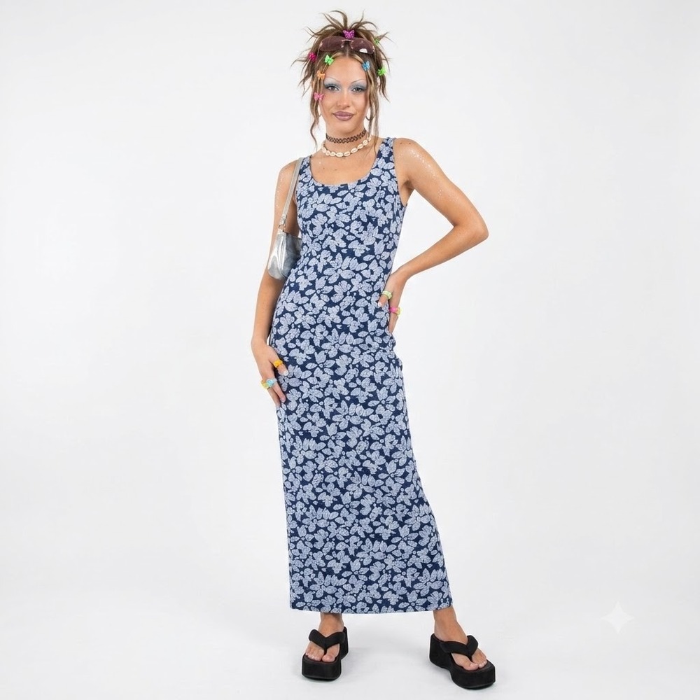 Vintage Jonathan Martin Blue Floral Babydoll Sleeveless Maxi Dress 11 Grunge Y2K